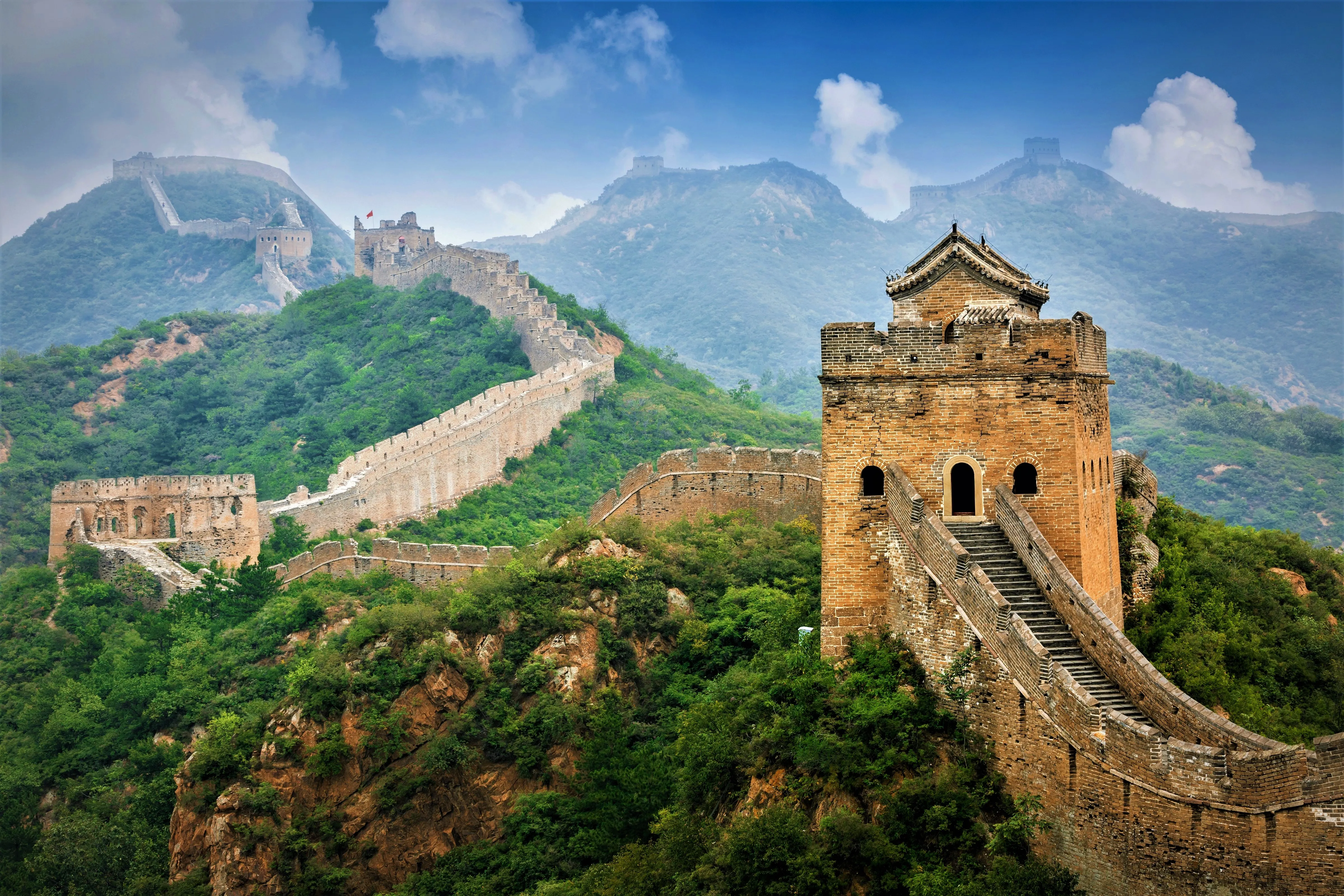 The Great Wall of China winding through mountains
